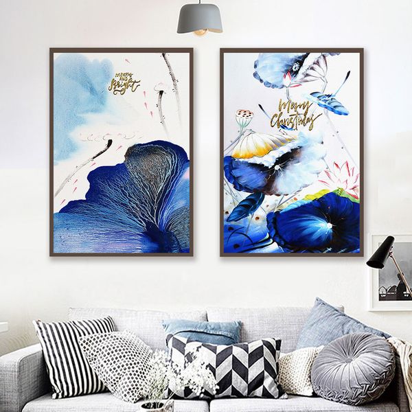 

decorative painting home chinese style traditional blue ink painting lotus animal bird chinese western combination room wall