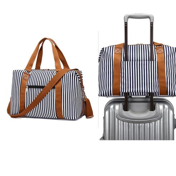 

navy stripe large size canvas duffel bags women men travel luggage bag