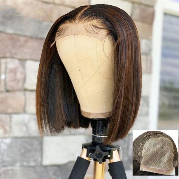

highlight short bob wig straight ombre brown human hair wig lace front wigs with baby hair 5*5 pu silk base natural hairline, Black;brown
