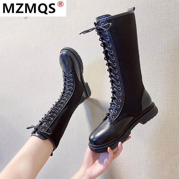 

2020 new winter women's boots fashion lace-up square-heel socks boots round head low heel pu women's zapatos de mujer, Black