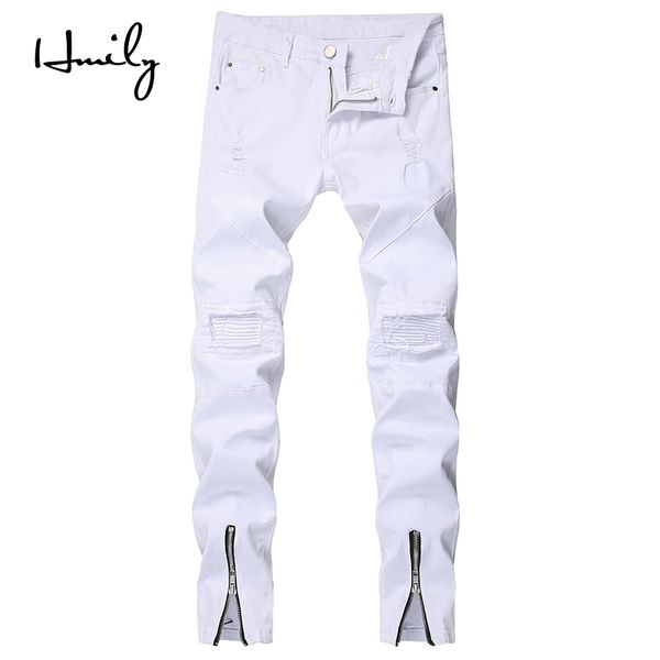 

hmily new wrinkle in knee jeans man skinny pants ankle zipper ripped hole destroyed distressed pencil pants stretchy jeans, Blue