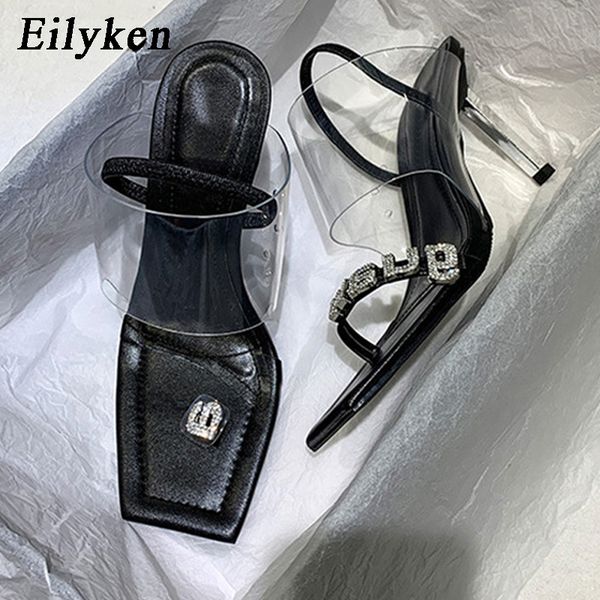 

eilyken fashion bling crystal high heels sandals women square head ankle strap gladiator sandals summer party women shoes, Black