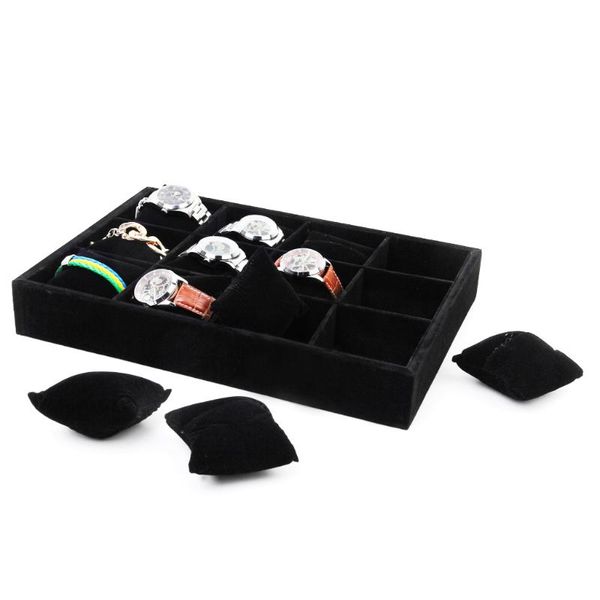 

black wooden &velvet 12-grid watch bracelet display storage tray case holder, Black;blue