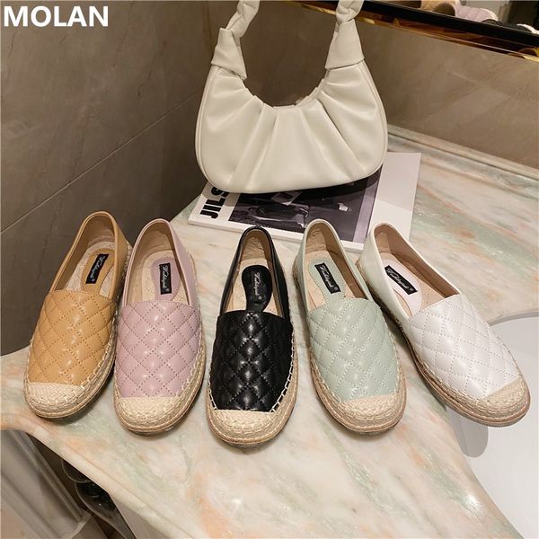 

molan brand design 2020 лето корейских моды gingham кожа fisherman квартира обувь женщина cane платформа мокасины повседневная мокасины, Black