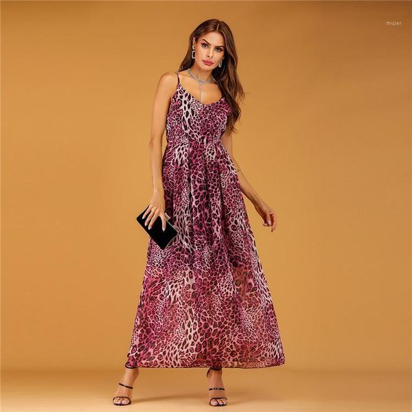 

floor length designer clothing leopard chiffon sling bohemian dresses womens summer v-neck dresses asymmwtrical sleeveless, Black;gray