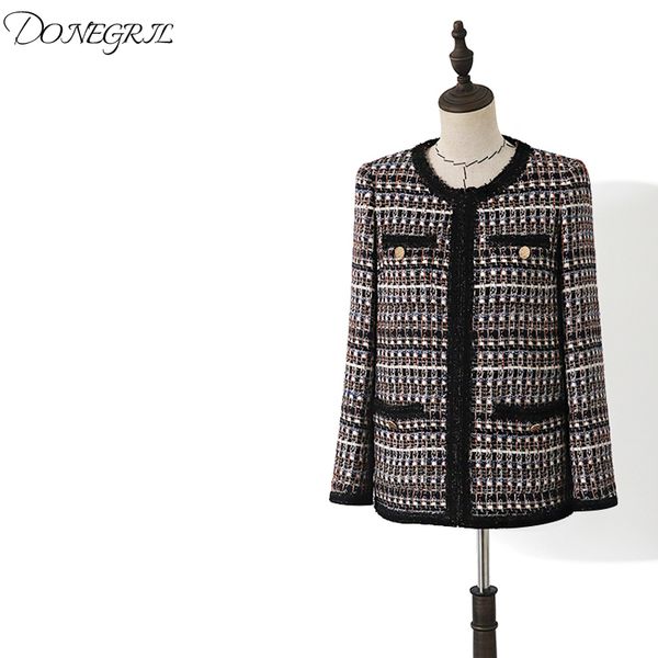 

women's jackets 2021 spring autumn women tweed coats office lady plaid twist weave elegant coat chaqueta mujer, Black;brown