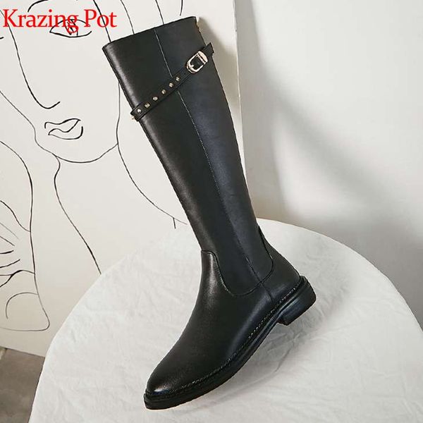 

krazing pot cow leather thick med heels diamond rivets beading stovepipe round toe keep warm preppy style knee-high boots l83, Black