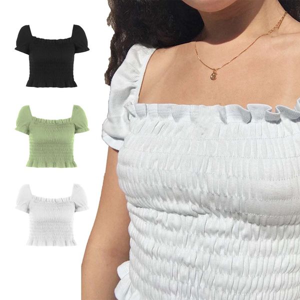 

women's t-shirt knitted stretch purse sleeves short summer square collar pleated, White