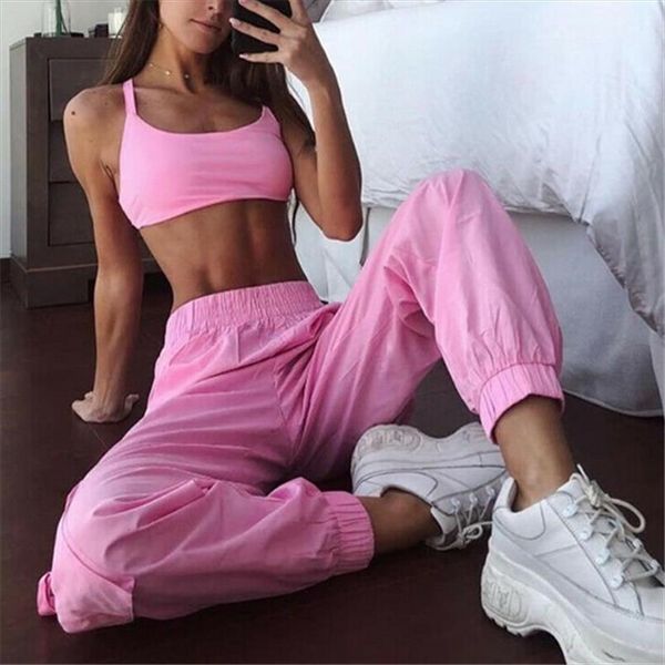 

new women girl pink fitness two pieces sets 2019 summer short crop camis and casual high waist pocket pants trousers suits, Gray