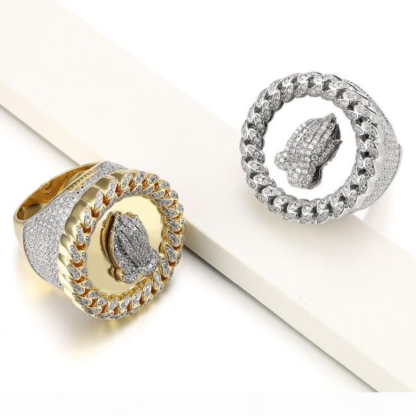 

wide men rings praying hand cz crystal paved bling bling punk big vintage ring men hip hop jewellery gold color gift box, Silver