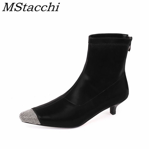 

mstacchi elastic fabric back zipper women short boots pointed mixed colors 2020 leisure madam shoes sapatos das mulheres, Black