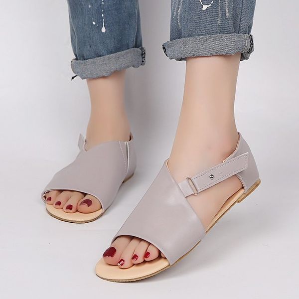 

summer shoes women casual genuine leather hook and loop girls sandals open toe flat sole sandale shoes large size, Black