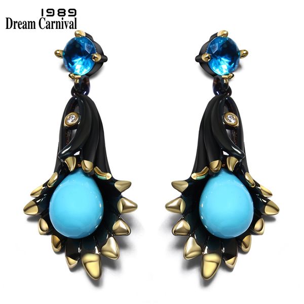

dreamcarnival1989 chandelier bell flower dangle earrings for women black gold-color spots blue tone stoning pendientes ze52799 200923, Silver
