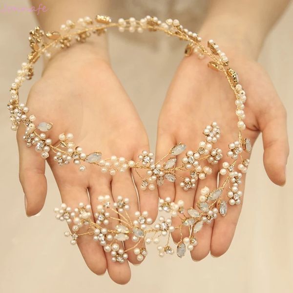 

delicate pearls floral bridal long hair vine women headband jewelry handmade opal crystal wedding headpiece accessories, Golden;silver