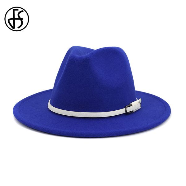

fs 2020 fashion wide brim fedora hat women men wool felt hats with white belt buckle decor panama chapeau sombrero jazz cap, Blue;gray