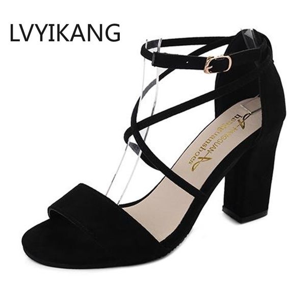 

2020 new summer strap sandals open toe pink sweet roman shoes black wild thick with high heels shoes female summer tide s022