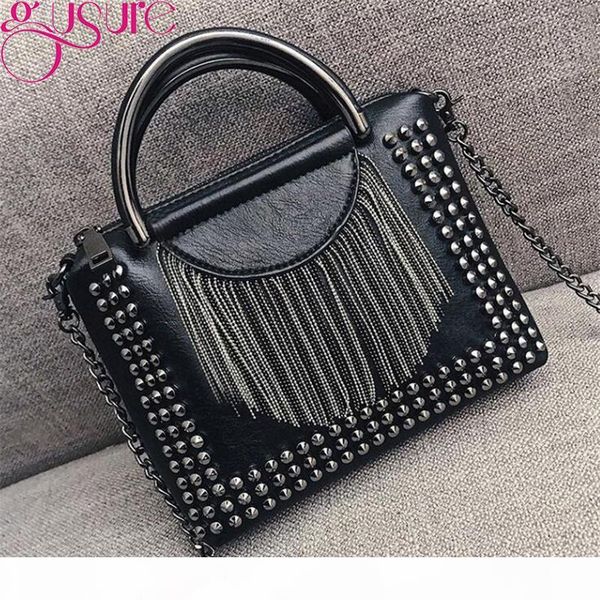 

designer-gusure vintage punk tassels rivet messenger bag for women handle handbag chain shoulder bags chic black crossbody bag