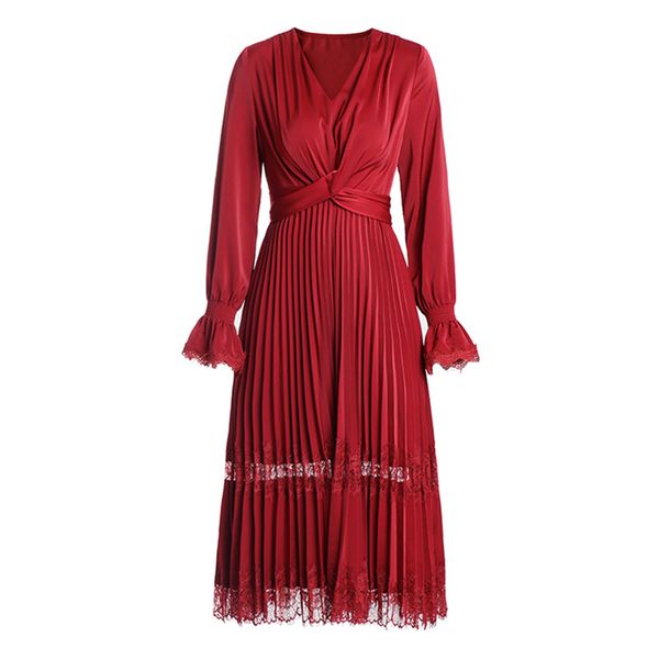 

2020 fall autumn long sleeve v neck red pure color lace pleated panelled mid-calf dress elegant casual dresses wsp232018404, Black;gray