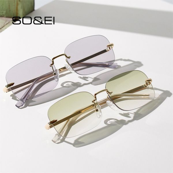 

so&ei fashion rimless rectangle women sunglasses clear green gradient eyewear vintage female luxury sun glasses shades uv400 men, White;black