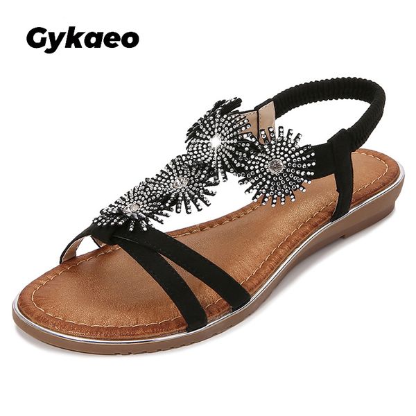 

gykaeo женщина сандалии 2020 новых плоского лето женщины сандалии кристалл bohemia этнической плоская повседневная строка из бисера пляжной, Black