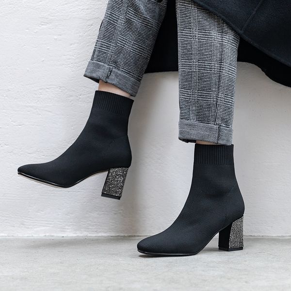 

dress shoes skinny boots 2021 spring and autumn rhinestone thick heel short women's fashion wild knit elastic x163, Black
