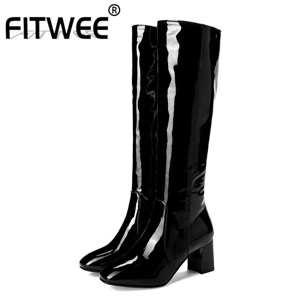 

fitwee plus size 34-45 knee high boots women patent leather casual zipper shoes women winter warm fur square heel footwear, Black