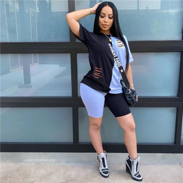 

knee length scratches females fashion casual clothes womens panellend contrast color tracksuits summer designer crew neck tees, Gray