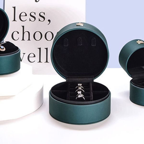 

round crown jewelry box travel pu leather jewellery packaging display organizer earring ring storage, Pink;blue