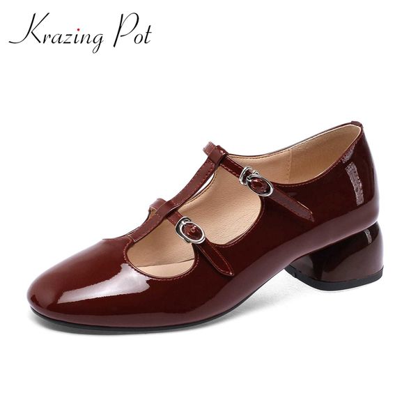 

krazing pot french romantic vintage fashion natural leather round toe med thick heels buckle straps young lady women pumps l75, Black