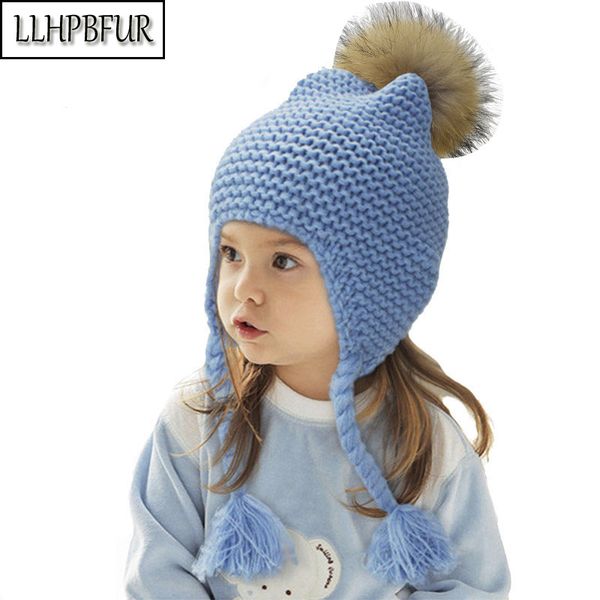 

beanies brand children's lei feng hat baby twist braid earmuffs autumn and winter raccoon hair ball knitted wool 8 colors