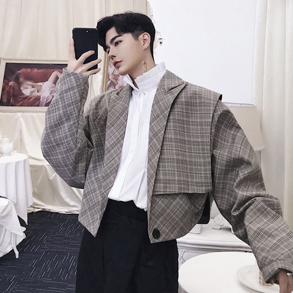 

fall designer vintage plaid mini suit popular logo men's short thousand-bird check suit jacket, White;black