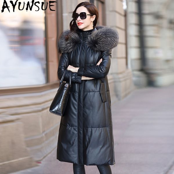 

women's leather & faux ayunsue 2021 jacket winter coat women raccoon fur collar down real sheepskin warm long jackets my4455, Black