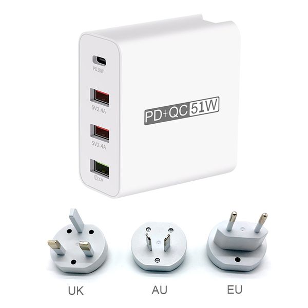

51w quick charger 3.0 pd qc fast charing 4 port usb adapter for samsung tablet electronic eu us au plug fast wall charger