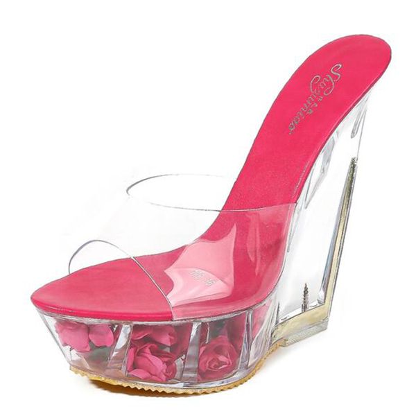 

summer transparent crystal slipper shoes high-heeled 14cm wild women shoes slippers female flower, Black