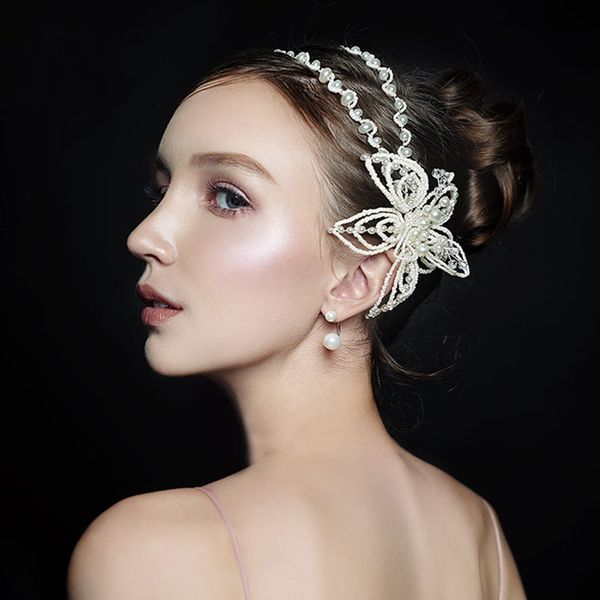 

korean fashion pearl soft chain headband headband white butterfly headdress women accessories wedding hair accessories, Golden;silver
