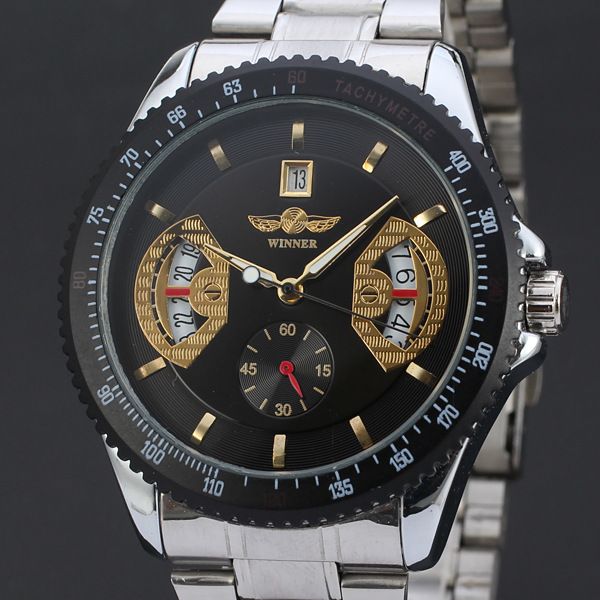 

50pcs/lot winner-d164 stainless steel mechanical watch skeleton winner watch hollow out men wholesale winner, Slivery;brown