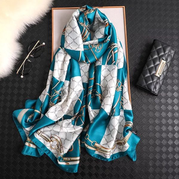 

classic women silk scarf female scarves fashion ladies beach wrap chiffon shawl lemon printed sunscreen bandanna foulard muffler, Blue;gray