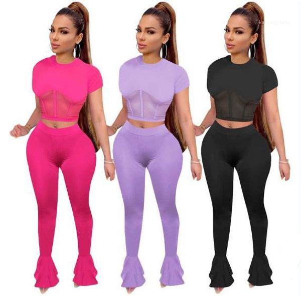 

two pieces outfits fashion mesh panelled short sleeve crop long flares pants woman sets womens tracksuits ladies, Gray