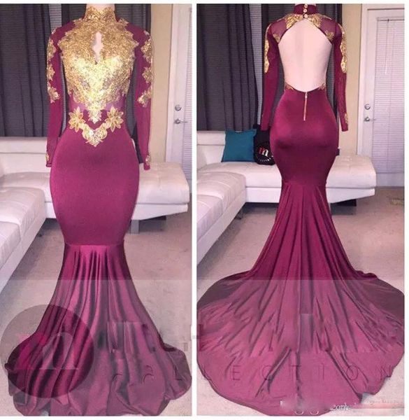

2021 african burgundy long sleeve gold lace prom dresses mermaid satin applique beaded high neck backless court train prom party gowns, Black