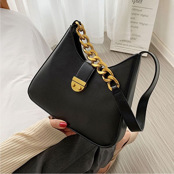 

vintage solid color pu leather shoulder bags for women 2020 fashion simple chain design handbags female trend armpit bags