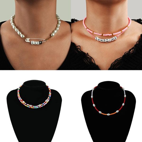

geometic pearl choker necklace women wedding punk multilayer letter colorful beads pendant chain necklaces aesthetic jewelry, Silver