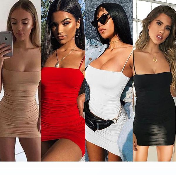 

club dress2020 summer women skirt solid color sling pleated hip dress fashion dresses for womens, Black;gray