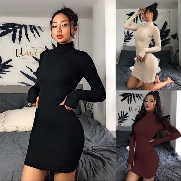 

Women Knit Pencil Dresses Sexy&club Mini Dress Girl Long Sleeve Turtle Neck Autumn Bodycon Dresses Female Empire 9 Pure Colors Best Sell