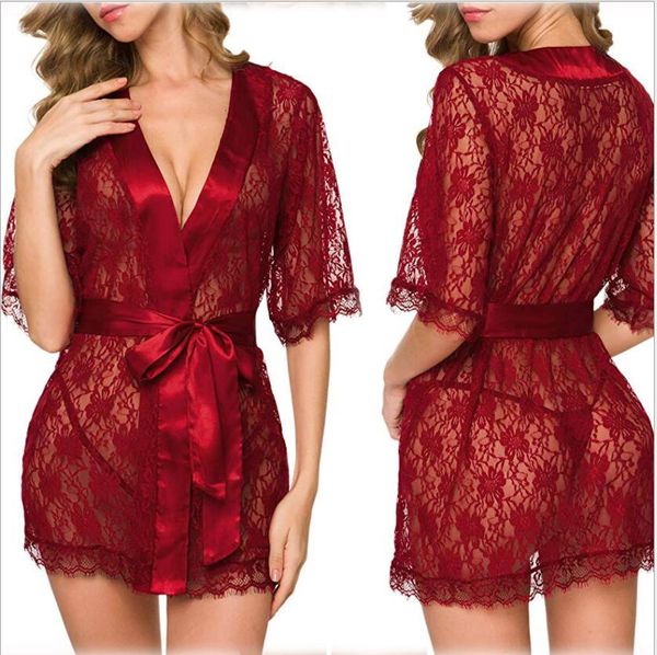 S-XXL Red One Lady Nightdress Set Sexy Irregular pestana Perspectiva Lace Lingerie Bikini Bra Panty Nightgown Set Pijamas
