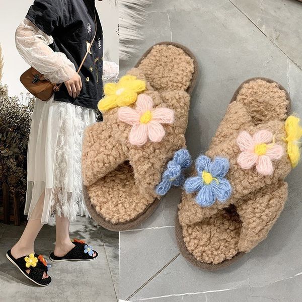 

slipper female 2020 autumn and winter new style flowers cross fur slipper anti-slip women cotton slippers, Black