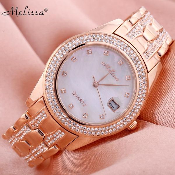 

melissa women vintage full steel bracelet watches quartz shining crystals dress wristwatch shell calendar relogio montre femme, Slivery;brown