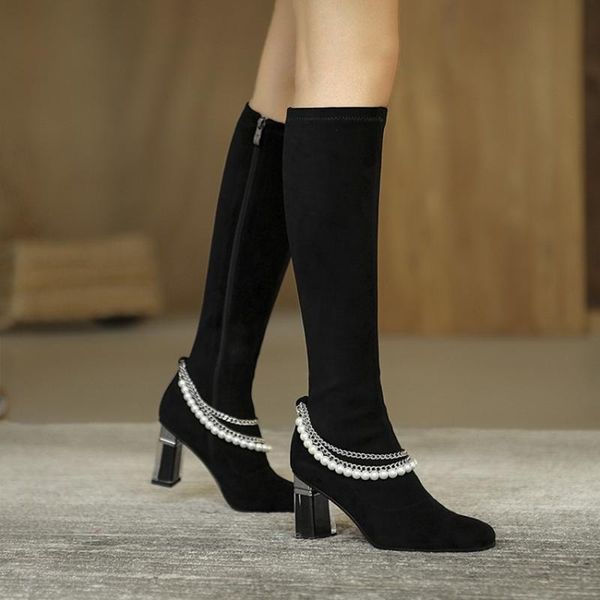 

womens pointy toe knee thigh boots pearls metal chain riding suede leather block high heel shoes black
