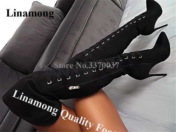 

linamong black suede leather stiletto heel over knee gladiator boots metal buckle strap-up long high heel boots dress