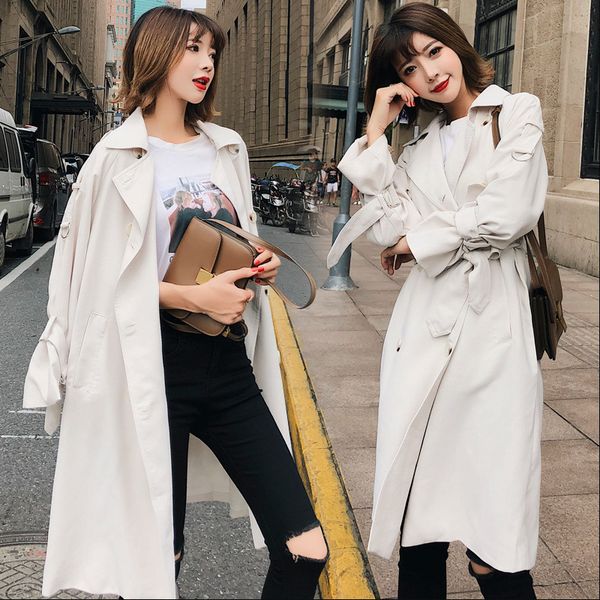 

spring women's 2020 new trench coat women british style lace up double-breasted lapel loose wild beige windbreaker women z882, Tan;black