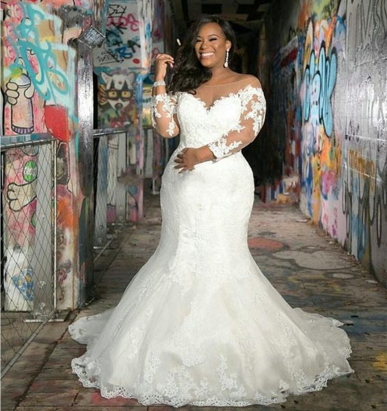 

современные african труба свадебные платья с длинными рукавами sheer scoop шеи аппликациями узелок вернуться русалка свадебные платья плюс р, White